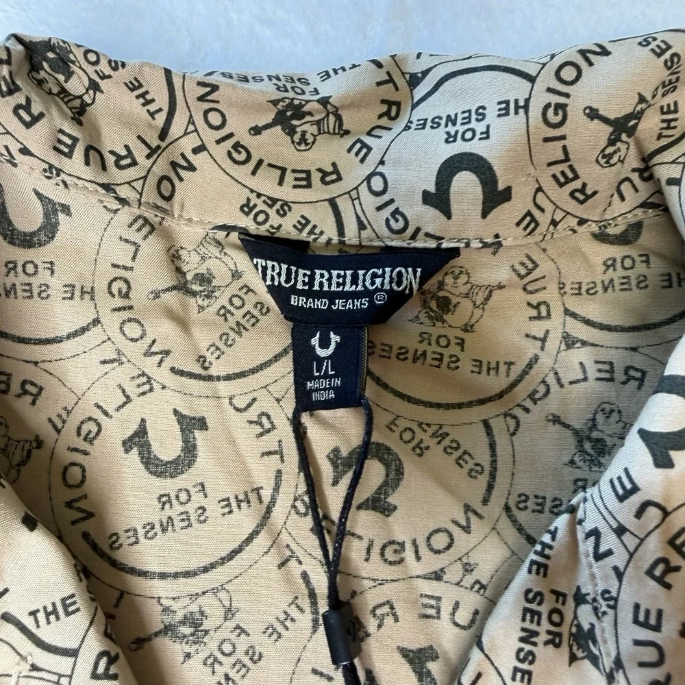 True Religion Logo Print Resort Shirt AOP All Over Y2K Streetwear Tan NWT Large